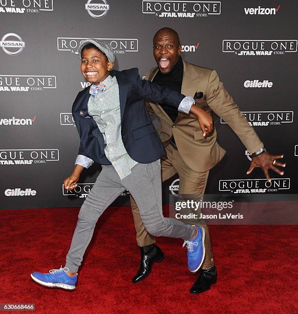 Actor Terry Crews and son Isaiah Crews attend the premiere of "Rogue One: A Star Wars Story" at the Pantages Theatre on December 10, 2016 in...