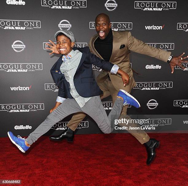 Actor Terry Crews and son Isaiah Crews attend the premiere of "Rogue One: A Star Wars Story" at the Pantages Theatre on December 10, 2016 in...