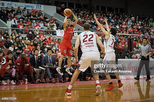 Yuki Togashi of the Chiba Jets shoots during the B. League game between Chiba Jets and Toshiba Kawasaki Brave Thunders at Funabashi Arena on December...