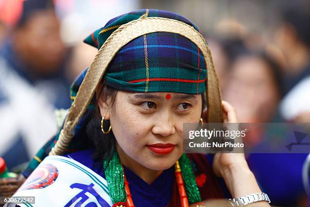 Nepalese from ethnic Gurung Community in traditional attire dance while taking part in parade to mark their New Year also know as Tamu Losar in...