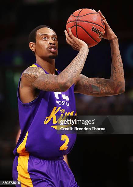 Greg Whittington of the Kings shoots during the round 13 NBL match between the Sydney Kings and New Zealand Breakers on December 30, 2016 in Sydney,...