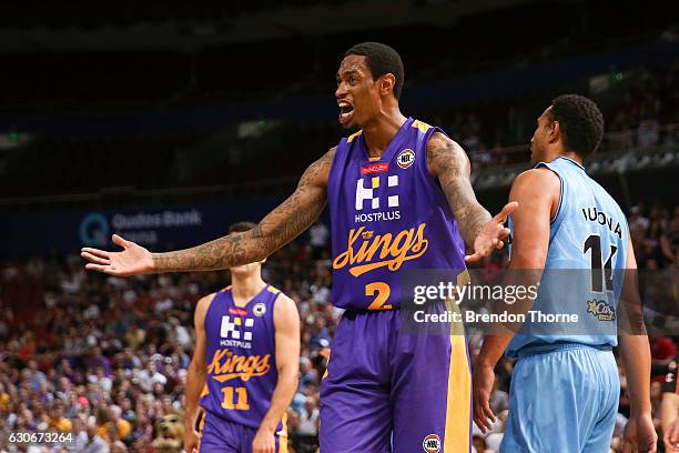 Greg Whittington of the Kings gestures during the round 13 NBL match between the Sydney Kings and New Zealand Breakers on December 30, 2016 in...