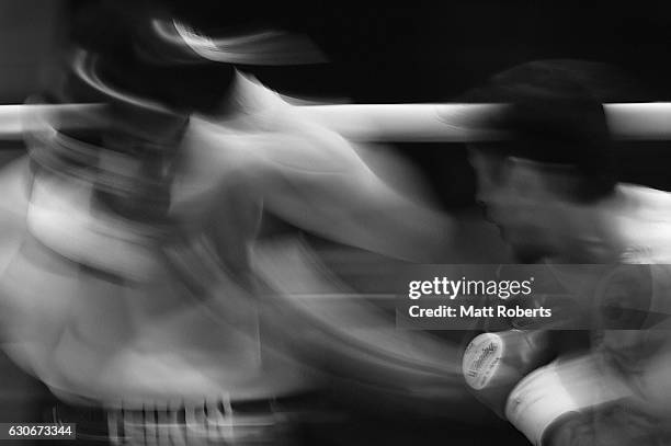 Bruno Sandoval punches Ryota Murata during the non-title bout between Ryota Murata and Bruno Sandoval at the Ariake Colosseum on December 30, 2016 in...