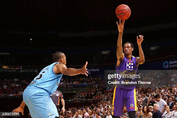Greg Whittington of the Kings passes during the round 13 NBL match between the Sydney Kings and New Zealand Breakers on December 30, 2016 in Sydney,...