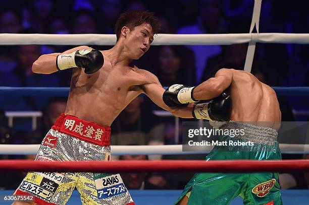 Naoya Inoue punches by Kohei Kono during the WBO World Super Flyweight Title bout between Naoya Inoue and Kohei Kono of Japan at the Ariake Colosseum...