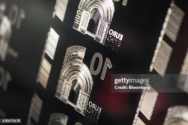 An intaglio printing plate, used for the printing of ten euro currency banknotes, sits on display inside the Deutsche Bundesbank's money museum in...