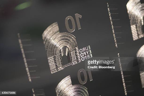 An intaglio printing plate used for the printing of 10 euro currency bank notes sits on display inside the Deutsche Bundesbank's money museum in...