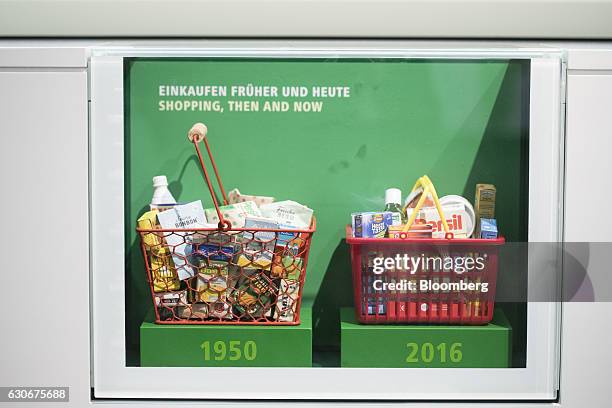 Shopping baskets filled with groceries from 1950 and 2016 sit on display to illustrate the theme of food price inflation inside the Deutsche...