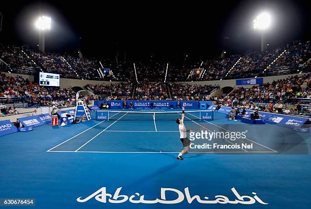 Andy Murray of Great Britain in action against David Goffin of Belgium during day two of the Mubadala World Tennis Championship at Zayed Sport City...