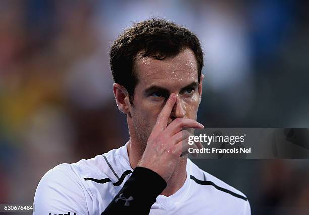 Andy Murray of Great Britain looks on during day two of the Mubadala World Tennis Championship at Zayed Sport City on December 30, 2016 in Abu Dhabi,...