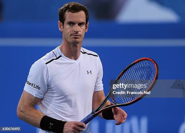 Andy Murray of Great Britain looks on during day two of the Mubadala World Tennis Championship at Zayed Sport City on December 30, 2016 in Abu Dhabi,...