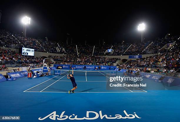 David Goffin of Belgium in action against Andy Murray of Great Britain during day two of the Mubadala World Tennis Championship at Zayed Sport City...