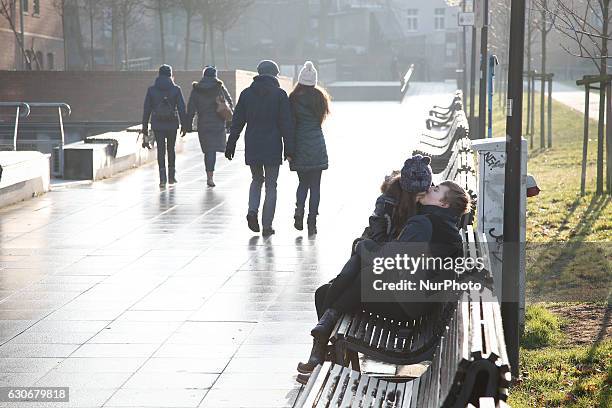 Young people are seen at the Mill Island on December 30, 2016 in Bydgoszcz, Poland. Bydgoszcz is the eighth-largest city in Poland.