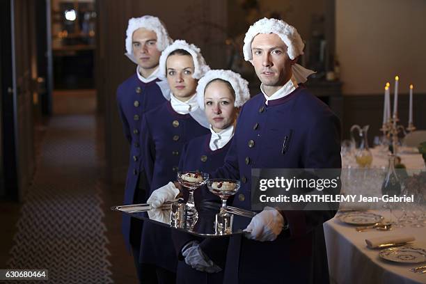 The Ore, Alain Ducasse new restaurant located in the Dufour Pavilion of the Palace of Versailles, the servers wear a felt suit, long jacket, crop,...