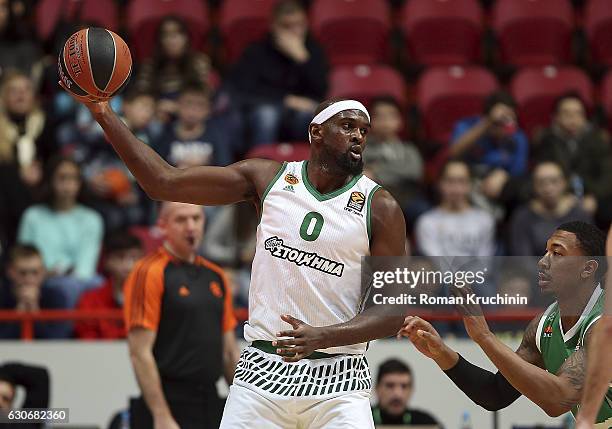 Chris Singleton, #0 of Panathinaikos Superfoods Athens competes with Orlando Johnson, #1 of Unics Kazan during the 2016/2017 Turkish Airlines...