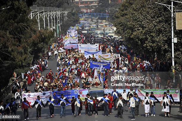 Nepalese Gurung people in a traditional attire during the celebration of Tamu Lhosar or Losar at Kathmandu, Nepal on Friday, December 30, 2016....