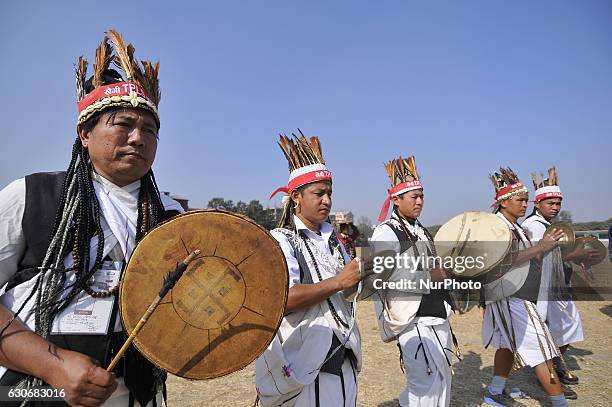 Nepalese Gurung community people plays traditional instrument during the celebration of Tamu Lhosar or Losar at Kathmandu, Nepal on Friday, December...