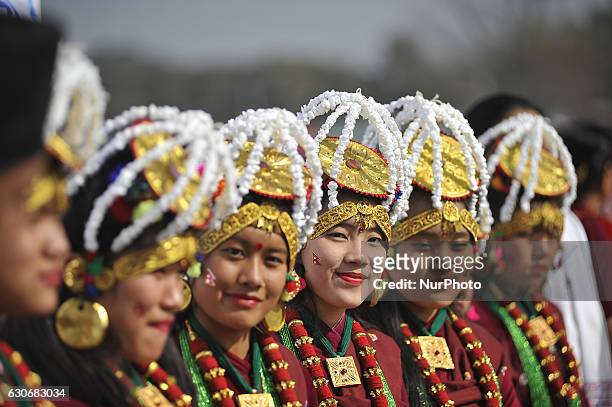 Nepalese Gurung community girl smiles in a traditional attire during the celebration of Tamu Lhosar or Losar at Kathmandu, Nepal on Friday, December...