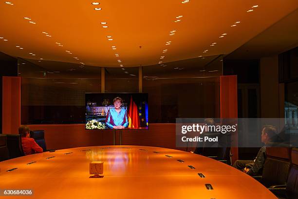 German Chancellor Angela Merkel delivers her New Year's Speech on December 30, 2016 in Berlin, Germany.