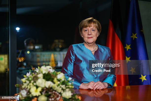 German Chancellor Angela Merkel delivers her New Year's Speech on December 30, 2016 in Berlin, Germany.