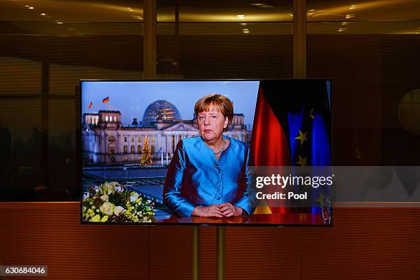 German Chancellor Angela Merkel delivers her New Year's Speech on December 30, 2016 in Berlin, Germany.