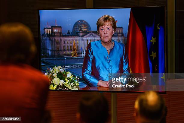 German Chancellor Angela Merkel delivers her New Year's Speech on December 30, 2016 in Berlin, Germany.