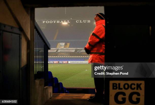 Steward is seen as fog surrounds the stadium ahead of the Sky Bet Championship match between Ipswich Town and Bristol City at Portman Road on...