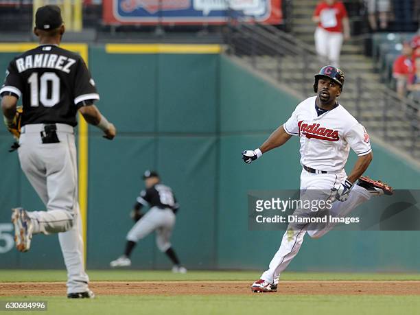 Centerfielder Michael Bourn of the Cleveland Indians runs toward second base after hitting a double during a game against the Chicago White Sox on...
