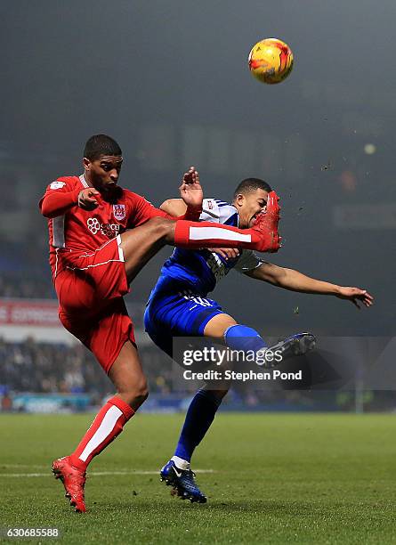 Miles Kenlock of Ipswich Town and Mark Little of Bristol City compete for the ball during the Sky Bet Championship match between Ipswich Town and...