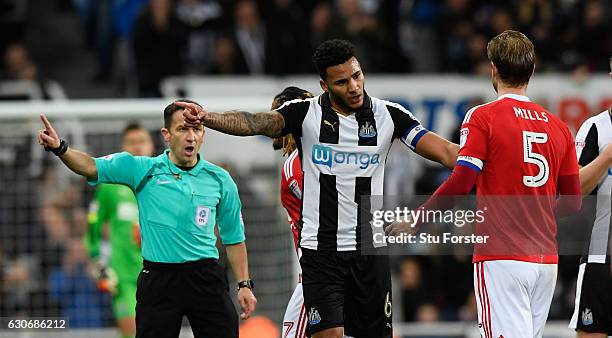 Forest captain Matt Mills is sent off during the Sky Bet Championship match between Newcastle United and Nottingham Forest at St James' Park on...