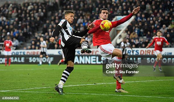 Dwight Gayle of Newcastle scores the second Newcastle goal during the Sky Bet Championship match between Newcastle United and Nottingham Forest at St...