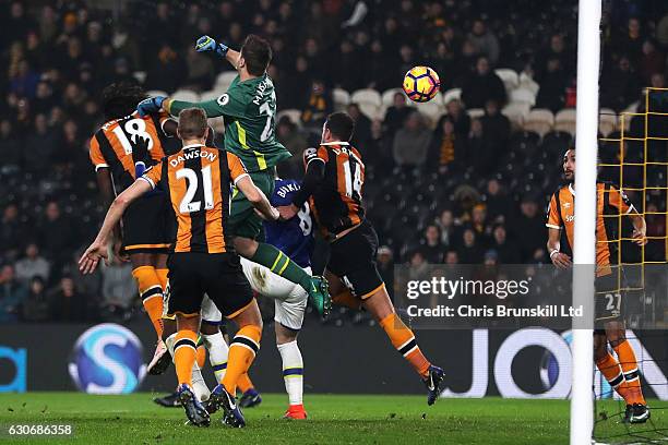 David Marshall of Hull City scores an own goal to make the score 1-1 during the Premier League match between Hull City and Everton at KC Stadium on...