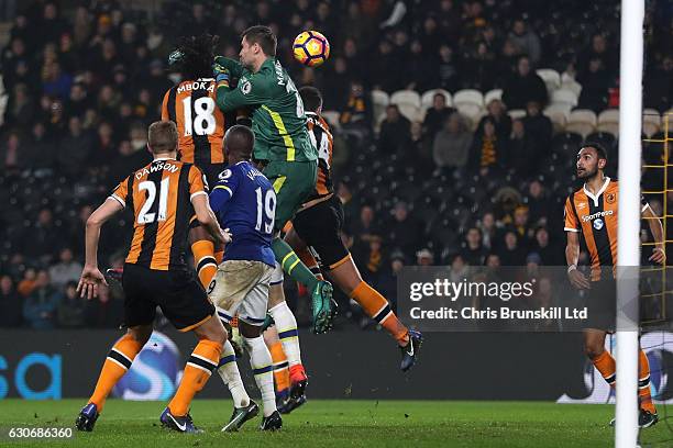 David Marshall of Hull City scores an own goal to make the score 1-1 during the Premier League match between Hull City and Everton at KC Stadium on...