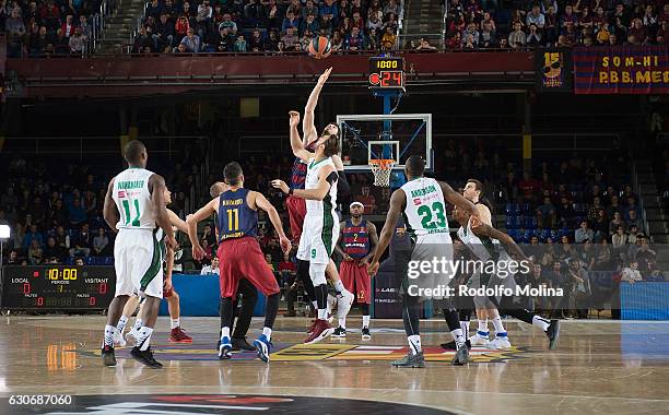 Ante Tomic, #44 of FC Barcelona Lassa competes with Semih Erden, #9 of Darussafaka Dogus Istanbul during the 2016/2017 Turkish Airlines EuroLeague...