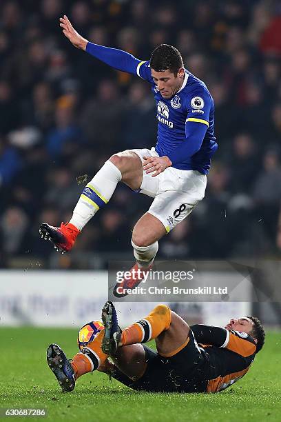 Ross Barkley of Everton is challenged by Jake Livermore of Hull City during the Premier League match between Hull City and Everton at KC Stadium on...