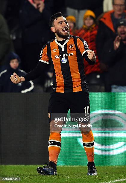 Robert Snodgrass of Hull City celebrates scoring his team's second goal during the Premier League match between Hull City and Everton at KCOM Stadium...