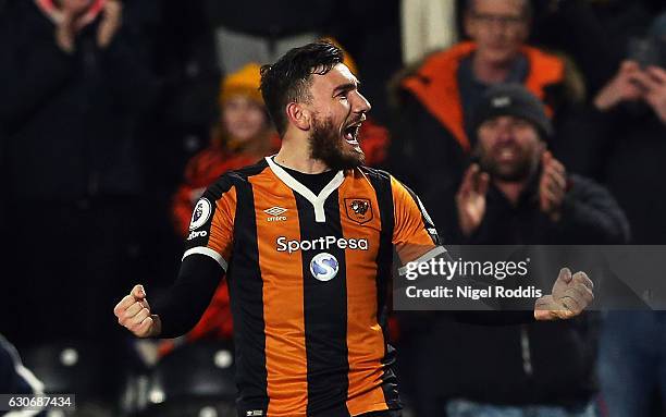 Robert Snodgrass of Hull City celebrates scoring his team's second goal during the Premier League match between Hull City and Everton at KCOM Stadium...