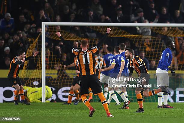 Robert Snodgrass of Hull City celebrates scoring his team's second goal during the Premier League match between Hull City and Everton at KC Stadium...