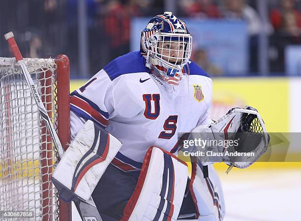 Tyler Parsons of Team USA keeps an eye on the play against Team Russia during a preliminary game at the 2017 IIHF World Junior Hockey Championship at...