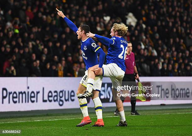 Ross Barkley of Everton celebrates scoring his team's second goal with Tom Davies of Everton during the Premier League match between Hull City and...