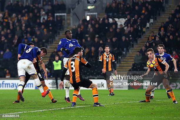 Ross Barkley of Everton scores his team's second goal to make the score 2-2 during the Premier League match between Hull City and Everton at KC...
