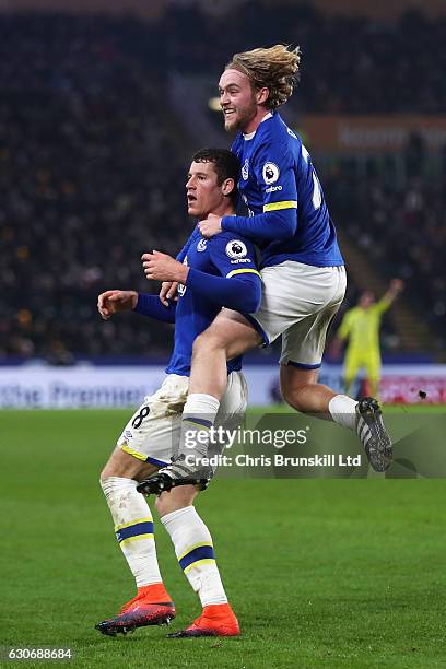 Ross Barkley of Everton celebrates scoring his team's second goal to make the score 2-2 with team-mate Tom Davies during the Premier League match...