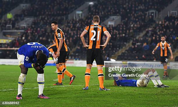 Romelu Lukaku of Everton reacts after Dominic Calvert-Lewin of Everton failed to score from close range during the Premier League match between Hull...