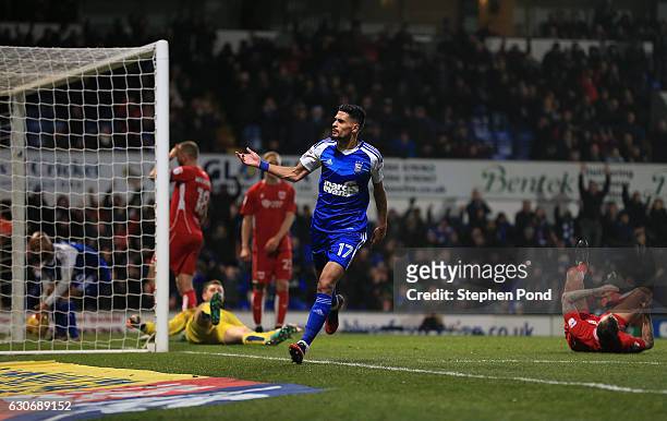 Kevin Bru of Ipswich Town scores the opening goal during the Sky Bet Championship match between Ipswich Town and Bristol City at Portman Road on...