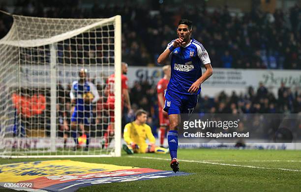 Kevin Bru of Ipswich Town celebrates scoring the opening goal during the Sky Bet Championship match between Ipswich Town and Bristol City at Portman...