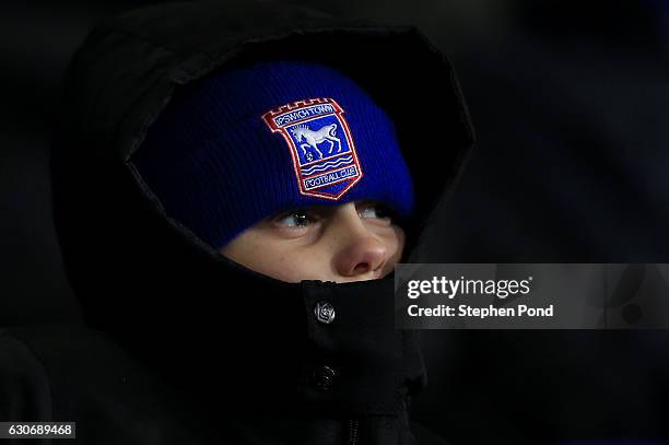 An Ipswich Town fan looks on in the cold during the Sky Bet Championship match between Ipswich Town and Bristol City at Portman Road on December 30,...