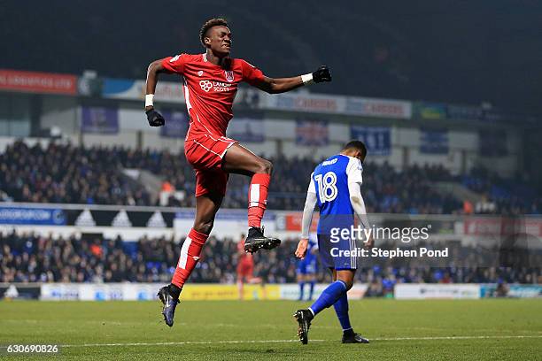 Tammy Abraham of Bristol City celebrates scoring to level the match 1-1 during the Sky Bet Championship match between Ipswich Town and Bristol City...