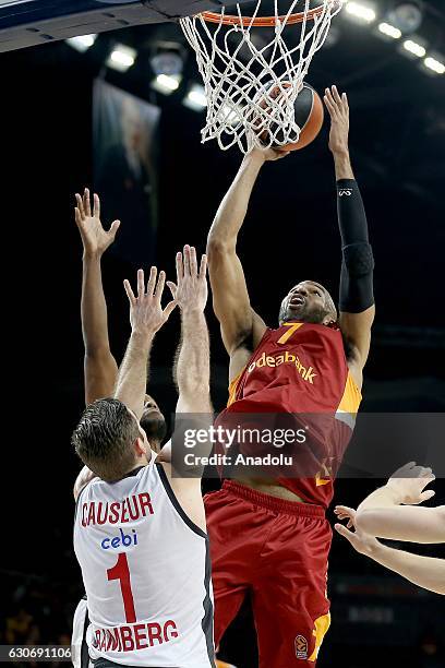 Alex Tyus of Galatasaray Odeabank in action against Fabien Causeur of Brose Bamberg during Euroleague basketball match between Galatasaray Odeabank...