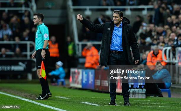 Nottingham Forest Mangaer Philippe Montanier gestures from the sidelines during the Sky Bet Championship match between Newcastle United and...