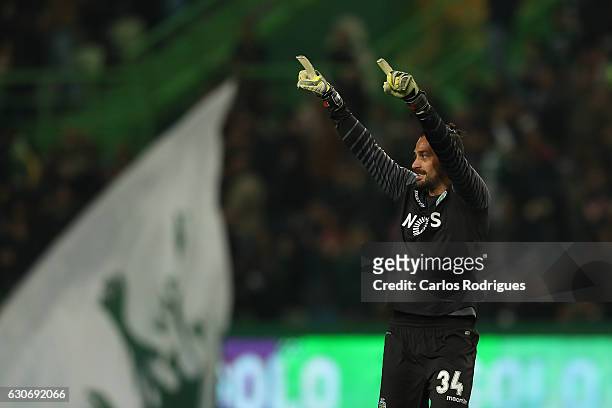 Sporting CP's goalkeeper Beto from Portugal celebrates Sporting goal scored by Sporting CP's forward Gelson Martins from Portugal during the Sporting...